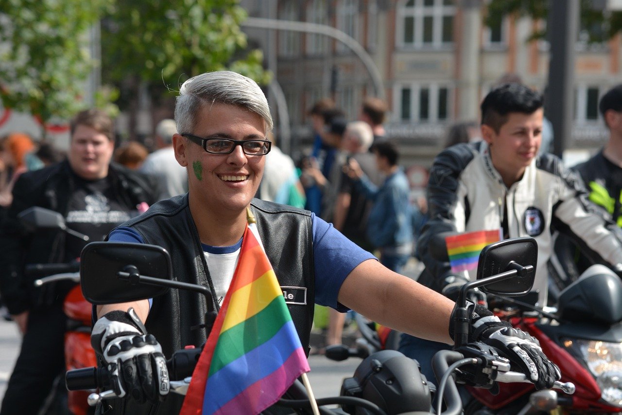 bikers, pride parade, pride flag, motorbikes, motorcycles, christopher street day, hamburg, parade, demonstration, lgbtqia, pride, pride month, rainbow flag, world pride